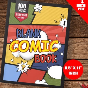 Puede incluir: Una portada de cómic con un fondo de estilo cómic rojo, amarillo, azul y verde. La portada presenta el texto "BLANK COMIC BOOK" en un globo de diálogo blanco con un contorno amarillo. La portada también incluye el texto "100 PAGES" y "DRAW YOUR OWN COMIC". La portada mide 8,5 pulgadas por 11 pulgadas.