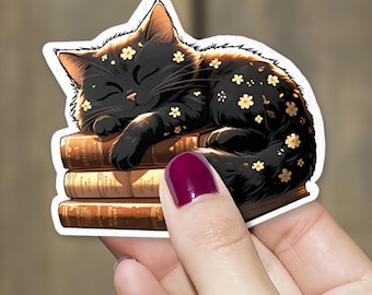 Adesivo stampabile gatto nero che dorme sui libri png, adesivo ispiratore png, regali per gli amanti dei libri, adesivi Kindle, amanti dei gatti, fiori primaverili
