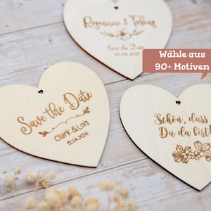 Personalisiertes Holzschild Holzanhänger Herz mit Magnet Gravur Save the Date Gastgeschenk Hochzeit Geburtstag Taufe mit Designs Motiven