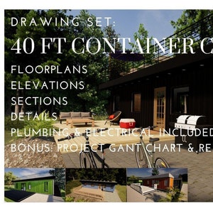 Op de afbeelding: Een digitale weergave van een ontwerp voor een 40-voet containerhuis. De afbeelding toont de buitenkant van de hut met een houten terras en een trap die naar de ingang leidt. De tekst "DRAWING SET: 40 FT CONTAINER CABIN" wordt bovenaan de afbeelding weergegeven. De tekst "FLOORPLANS, ELEVATIONS, SECTIONS, DETAILS, PLUMBING & ELECTRICAL INCLUDED" wordt onder de afbeelding van de hut weergegeven. De tekst "PLUS DESIGN OPTIONS" wordt rechts in de afbeelding weergegeven. De tekst "BONUS: PROJECT GANT CHART & RESOURCE SHEET" wordt onder de tekst "PLUS DESIGN OPTIONS" weergegeven. De tekst "INSTANT DOWNLOAD" wordt onderaan de afbeelding weergegeven.