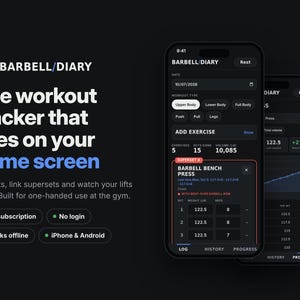 May include: A dark-themed mobile application interface titled Barbell Diary, displaying workout tracking features, exercise logs, and progress charts on two smartphone screens, with text detailing app functionality and features.