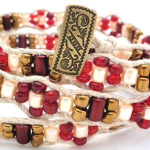 Handmade Four Wrap Hemp Wrap Bracelet with Red and Gold Glass Seed Beads, Red Metallic Finish Glass Beads, and Cream Glass Pearl Barrels image 1