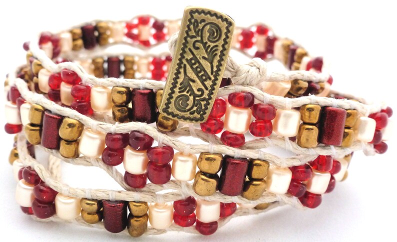 Handmade Four Wrap Hemp Wrap Bracelet with Red and Gold Glass Seed Beads, Red Metallic Finish Glass Beads, and Cream Glass Pearl Barrels image 1