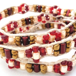 Handmade Four Wrap Hemp Wrap Bracelet with Red and Gold Glass Seed Beads, Red Metallic Finish Glass Beads, and Cream Glass Pearl Barrels image 2