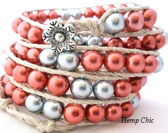 Handmade Five Wrap Hemp Wrap Bracelet with Cranberry Red and Silver Glass Pearls