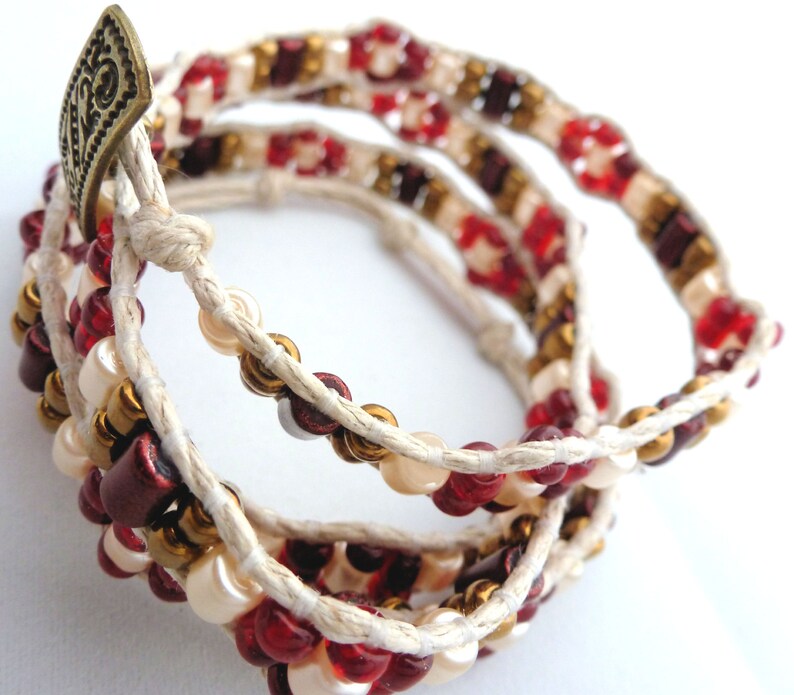 Handmade Four Wrap Hemp Wrap Bracelet with Red and Gold Glass Seed Beads, Red Metallic Finish Glass Beads, and Cream Glass Pearl Barrels image 3