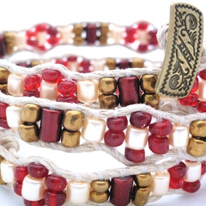 Handmade Four Wrap Hemp Wrap Bracelet with Red and Gold Glass Seed Beads, Red Metallic Finish Glass Beads, and Cream Glass Pearl Barrels image 4