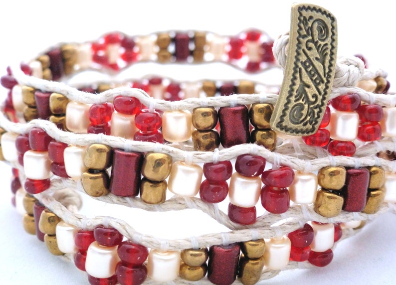 Handmade Four Wrap Hemp Wrap Bracelet with Red and Gold Glass Seed Beads, Red Metallic Finish Glass Beads, and Cream Glass Pearl Barrels image 4