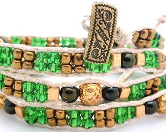 Handmade Four Wrap Hemp Wrap Bracelet with Green and Gold Glass Seed Beads and 6mm Green Glass Beads and Gold Tone Metal Accent Beads