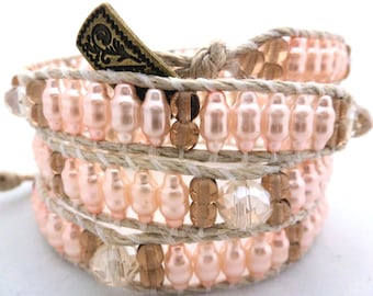 Handmade Four Wrap Hemp Wrap Bracelet with Pink Bumpy Glass Pearls, 4mm Topaz Glass Rounds, & Clear Faceted Rondelles