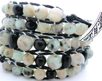 Handmade Five Wrap Hemp Wrap Bracelet with Assorted Sizes of Sesame Jasper and Black Onyx