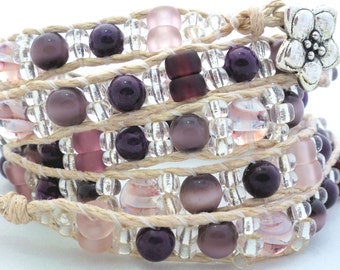 Handmade Four Wrap Hemp Wrap Bracelet with Purple Cats Eye Beads and Clear Seed Beads