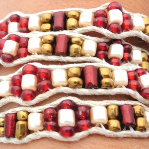 Handmade Four Wrap Hemp Wrap Bracelet with Red and Gold Glass Seed Beads, Red Metallic Finish Glass Beads, and Cream Glass Pearl Barrels image 5