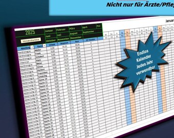 May include: A screenshot of a spreadsheet program with a calendar view. The calendar is for the year 2025 and is labeled "Standardversion Schichtdienstplan -Healthcare Edition- Nicht nur für Ärzte/Pflege". The calendar is blue and orange and has a heart-shaped icon with the text "32 Mitarbeiter können beliebig vielen Abteilungen zugeordnet werden".