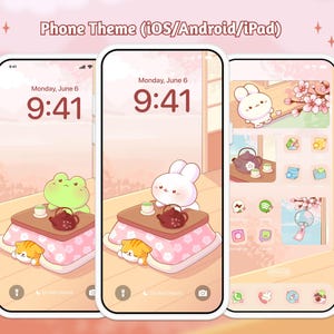 Cozy Bunny Frog Icon Wallpaper Theme Pack, iOS iPhone iPad Tablet Android Phone, Cute Sakura Matcha Kawaii Tea Japanese Digital Stickers