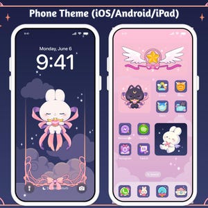 Magical Girl Bunny Cat Icon Wallpaper Theme Pack, iOS iPhone iPad Tablet Android Phone, Cute Dreamy Witch Cardcaptor Anime  Digital Stickers
