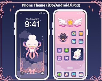 Magical Girl Bunny Cat Icon Wallpaper Theme Pack, iOS iPhone iPad Tablet Android Phone, Cute Dreamy Witch Cardcaptor Anime Digital Stickers