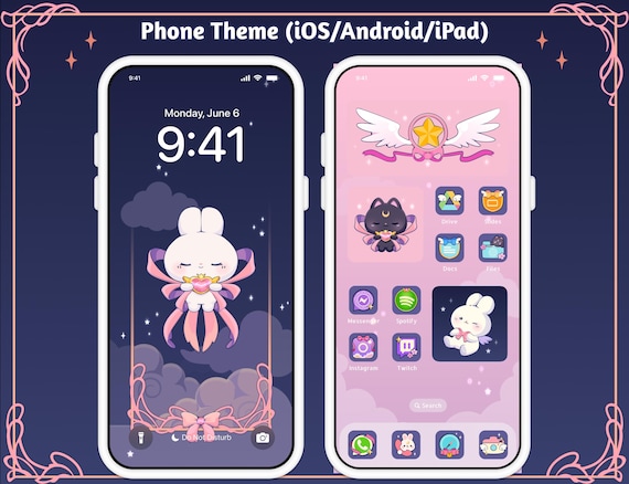 Magical Girl Bunny Cat Icon Wallpaper Theme Pack, iOS iPhone iPad Tablet Android Phone, Cute Dreamy Witch Cardcaptor Anime Digital Stickers