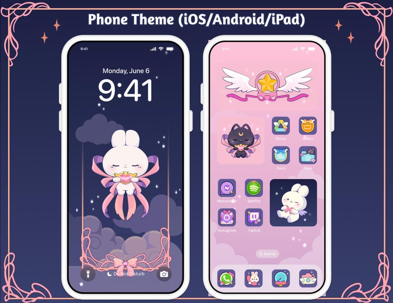 Magical Girl Bunny Cat Icon Wallpaper Theme Pack, iOS iPhone iPad Tablet Android Phone, Cute Dreamy Witch Cardcaptor Anime Digital Stickers Pink Coquette Sailor Moon