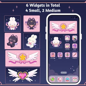 Magical Girl Bunny Cat App Icons Wallpaper Theme Pack, iOS iPhone Android Phone, Cute Dreamy Witch Cardcaptor Anime Digital Stickers Pink Coquette Sailor Moon Study widget wings tarot