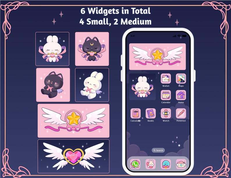 Magical Girl Bunny Cat App Icons Wallpaper Theme Pack, iOS iPhone Android Phone, Cute Dreamy Witch Cardcaptor Anime Digital Stickers Pink Coquette Sailor Moon Study widget wings tarot