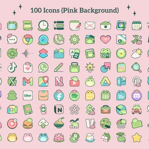 a variety of kawaii cute pastel app icons. cute anime inspired froggy theme. green and pink app icons for a variety of apps including the essentials, social media and productivity icons.