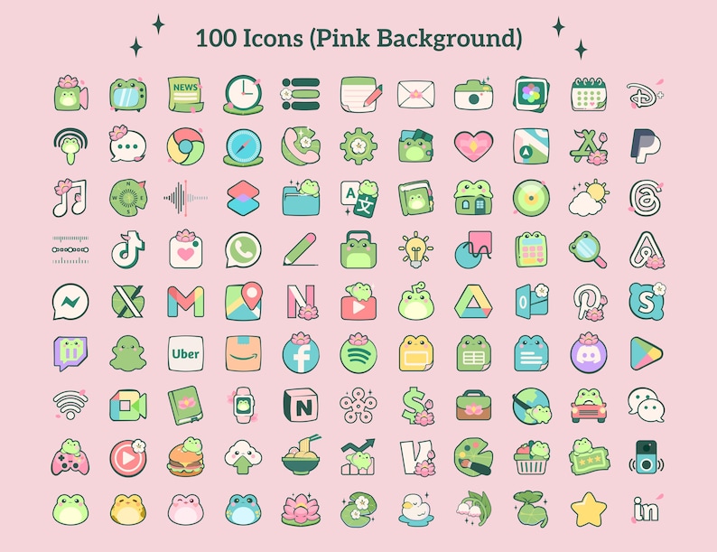 a variety of kawaii cute pastel app icons. cute anime inspired froggy theme. green and pink app icons for a variety of apps including the essentials, social media and productivity icons.