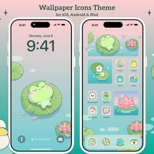 Frog Lily Pad App Icon Wallpaper Theme Pack, iOS iPhone iPad Tablet Android Phone, Cute Kawaii Pink, Green, Anime Lotus Digital Stickers
