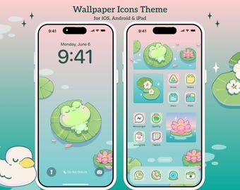 Paquete de fondos de pantalla con íconos de la aplicación Frog Lily Pad, iOS, iPhone, iPad, tableta, teléfono Android, pegatinas digitales lindas de loto rosa, verde y anime.