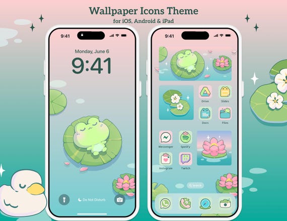 Frog Lily Pad App Icon Wallpaper Theme Pack, iOS iPhone iPad Tablet Android Phone, Cute Kawaii Pink, Green, Anime Lotus Digital Stickers