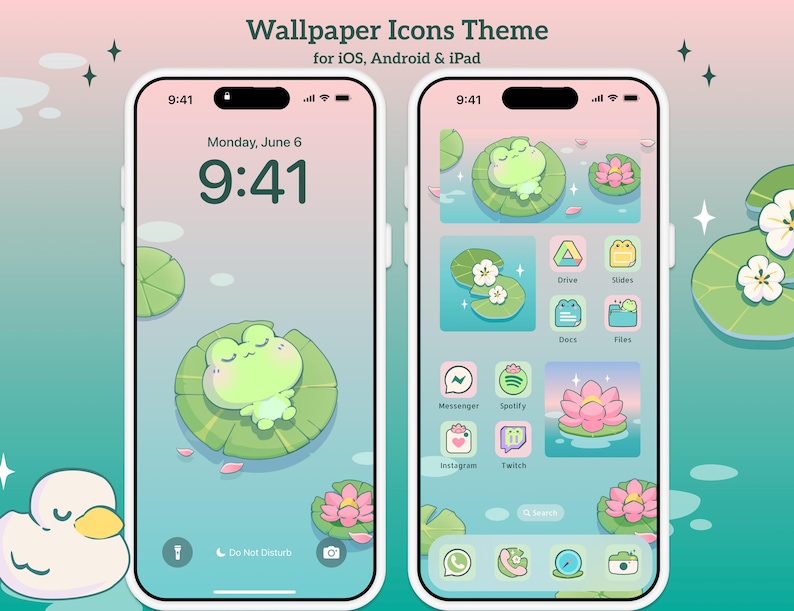 Frog Lily Pads App Icon Wallpaper Theme Pack, iOS iPhone, iPad, Tablet, Android Phone, Cute Kawaii Pink, Green, Anime Lotus Digital Stickers
