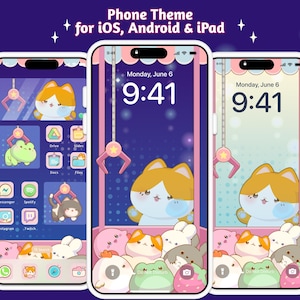 Fondo de pantalla con icono de máquina de garras de gato gatito, paquete de temas oscuros y claros, iOS, iPhone, iPad, tableta, teléfono Android, lindo Kawaii Arcade, anime rosa