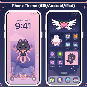 Magical Girl Bunny Cat Icon Wallpaper Theme Pack, iOS iPhone iPad Tablet Android Phone, Cute Dreamy Witch Cardcaptor Anime Digital Stickers Pink Coquette Sailor Moon luna dark theme