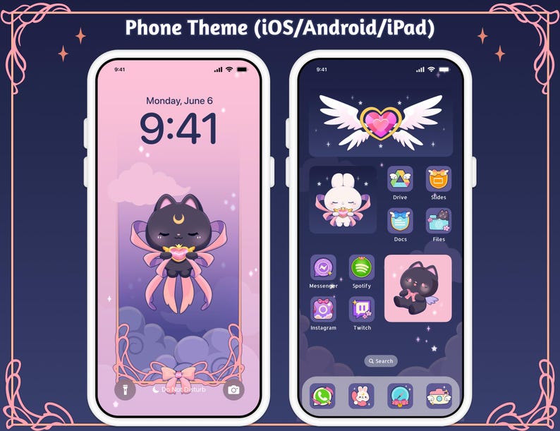 Magical Girl Bunny Cat Icon Wallpaper Theme Pack, iOS iPhone iPad Tablet Android Phone, Cute Dreamy Witch Cardcaptor Anime Digital Stickers Pink Coquette Sailor Moon luna dark theme