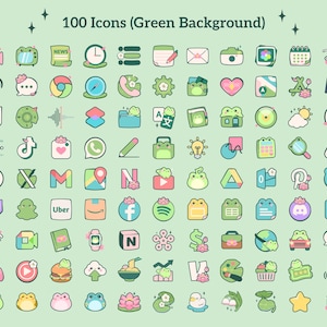 a variety of kawaii cute pastel app icons. cute anime inspired froggy theme. green and pink app icons for a variety of apps including the essentials, social media and productivity icons.