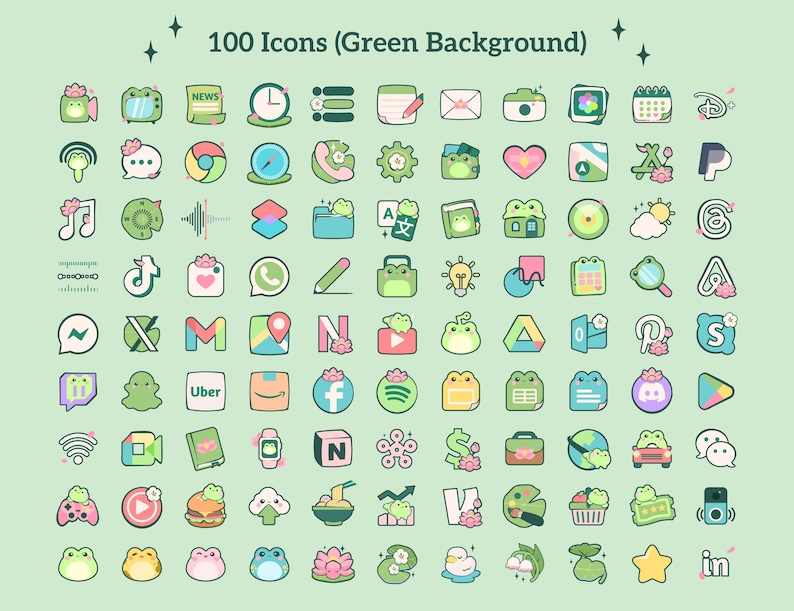 a variety of kawaii cute pastel app icons. cute anime inspired froggy theme. green and pink app icons for a variety of apps including the essentials, social media and productivity icons.