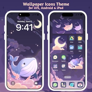 May include: A phone screen with a dark blue and purple background with a white whale and stars. The phone screen shows a clock with the time 9:41 and the date Monday, June 6. The phone screen also shows a grid of app icons with names like Messenger, Spotify, Instagram, Twitch, Drive, Slides, Docs, and Files.