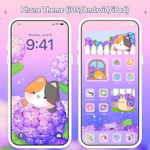 May include: Two smartphones displaying a cute phone theme. The lock screen shows a calico cat in purple flowers. The home screen features app icons with a cat, snail, and floral elements. Text on the image reads "Phone Theme (iOS/Android/iPad)".