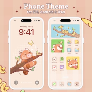 May include: A phone mockup with a red panda theme. The home screen features a red panda sitting on a branch with pink blossoms. The app icons are also red panda themed. The date and time are displayed as "Monday, June 6 9:41".