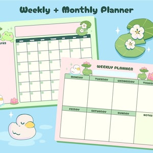Paquete de planificador semanal y mensual Frog Lily Pad, PDF descargable e imprimible, lindo kawaii, papelería, cartas, calendarios, agendas y diarios.