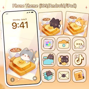 Fondo de pantalla de iconos de Cat Cafe, paquete de temas de iconos para iOS, iPhone, iPad, tableta, teléfono Android, lindo gatito Kawaii, comida de anime, acogedor, Cottagecore, bloqueo de pantalla de inicio
