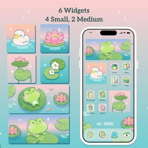 beautiful, cute kawaii illustrations of relaxing froggy in 4 small widgets and 2 medium widgets. dreamy whimsical aesthetic