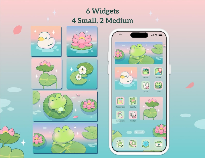 beautiful, cute kawaii illustrations of relaxing froggy in 4 small widgets and 2 medium widgets. dreamy whimsical aesthetic