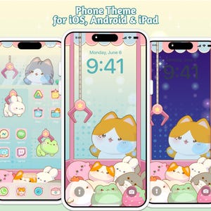 Fondo de pantalla con icono de máquina de garras de gato gatito, paquete de temas oscuros y claros, iOS, iPhone, iPad, tableta, teléfono Android, lindo Kawaii Arcade, anime rosa