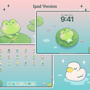 home screen and lock screen wallpaper for ipad and tables. cute kawaii froggo. pond life illustration. pink and green colours