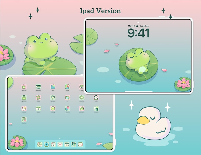 home screen and lock screen wallpaper for ipad and tables. cute kawaii froggo. pond life illustration. pink and green colours
