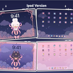 Magical Girl Bunny Cat App Icons Wallpaper Theme Pack, iOS iPad Android Samsung Tablet Cute Dreamy Witch Cardcaptor Anime Digital Stickers Pink Coquette Sailor Moon Study