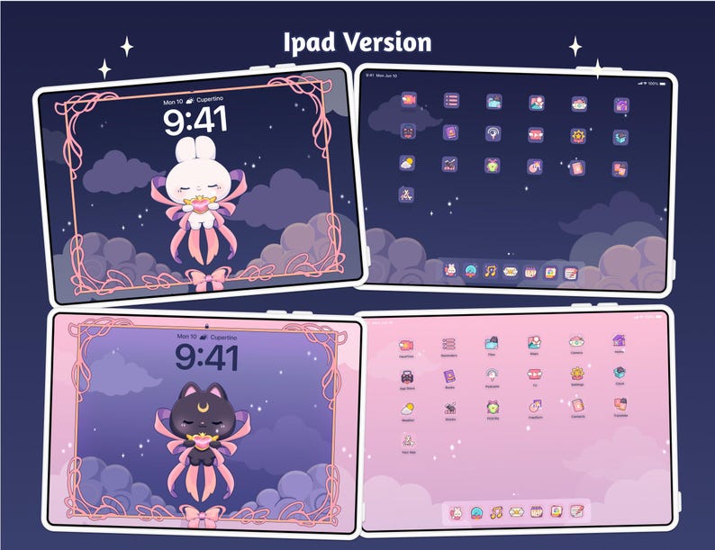 Magical Girl Bunny Cat App Icons Wallpaper Theme Pack, iOS iPad Android Samsung Tablet Cute Dreamy Witch Cardcaptor Anime Digital Stickers Pink Coquette Sailor Moon Study