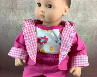 Spring Pink Jacket, Onesie, and Pants for 15&quot; American Girl Bitty Baby, Kewpie, Berenguer La Newborn, Handmade Outfit Clothes
