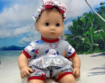 Patriotic 4th Bubble Romper and Headband Set for 15&quot; American Girl Bitty Baby, Kewpie, Berenguer La Newborn, Reborn Handmade Outfit Clothes